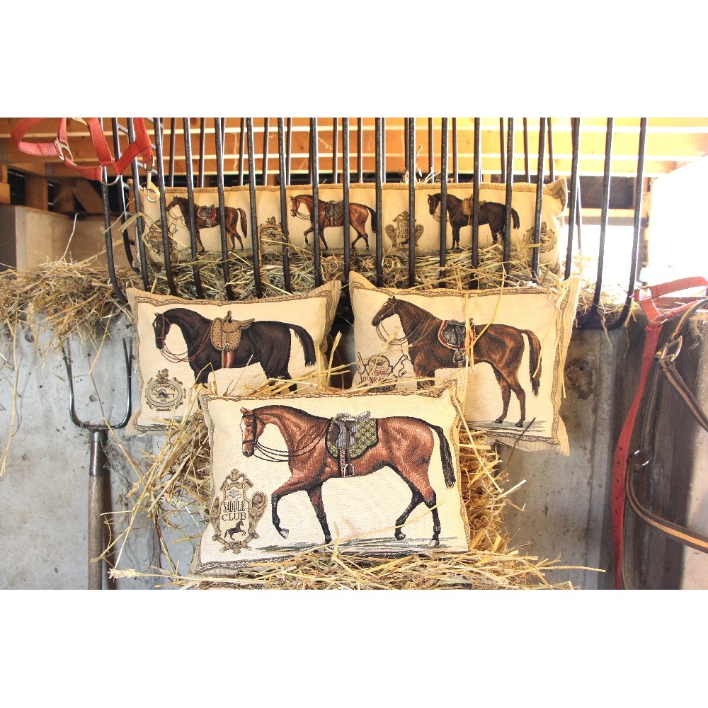 Mars & More Gobelin Cushion Saddle Horse 30*45CM with a red saddlepad Mars & More Gobelin Cushion Saddle Horse 30*45CM with a red saddlepad