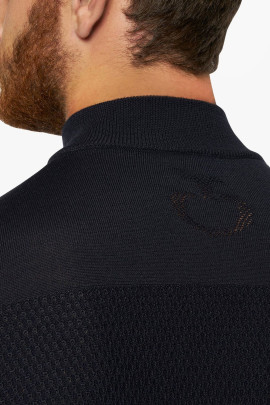 Merinos Blend Half Zip Turtleneck Honeycomb Knit Sweater Navy Blue Cavalleria Toscana Merinos Blend Half Zip Turtleneck Honeycomb Knit Sweater Navy Blue Cavalleria Toscana