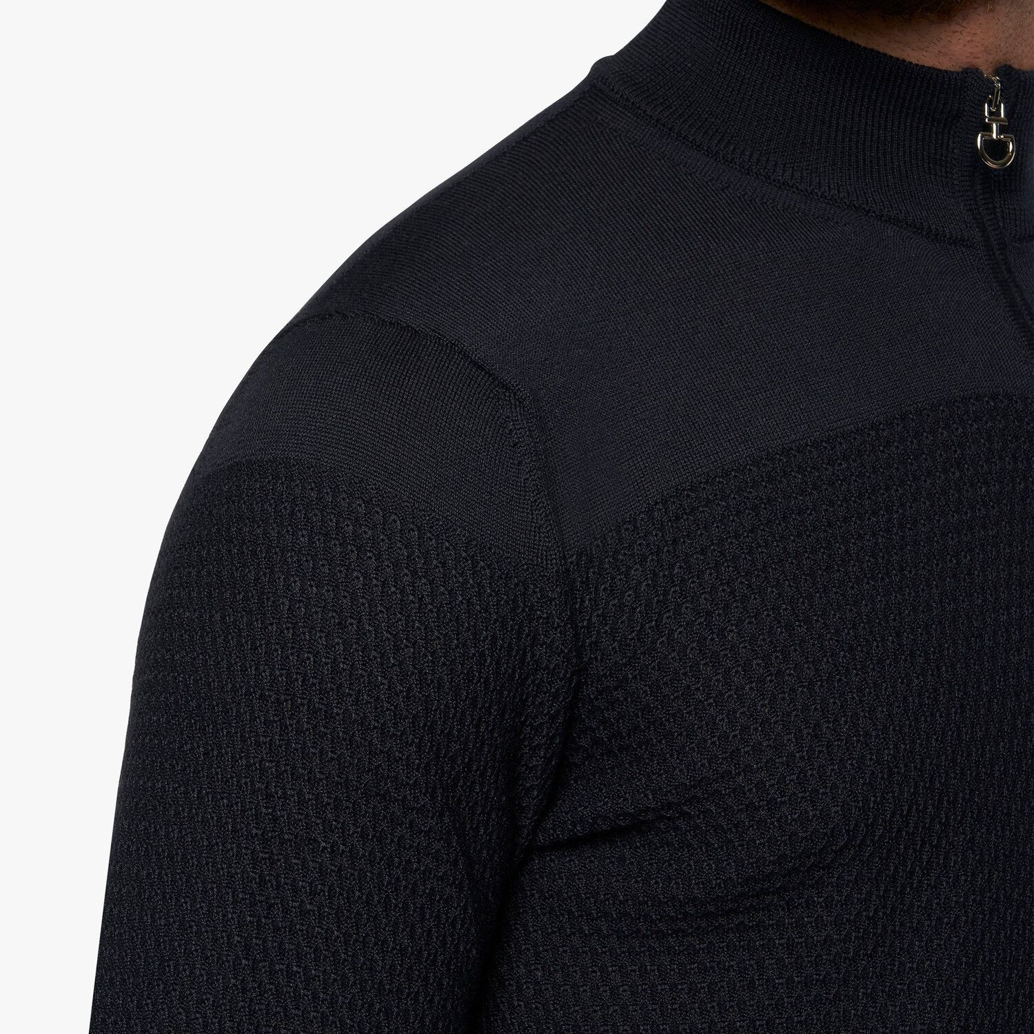 Merinos Blend Half Zip Turtleneck Honeycomb Knit Sweater Navy Blue Cavalleria Toscana Merinos Blend Half Zip Turtleneck Honeycomb Knit Sweater Navy Blue Cavalleria Toscana