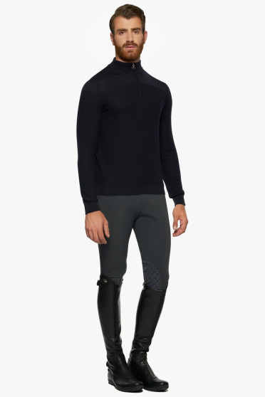 Merinos Blend Half Zip Turtleneck Honeycomb Knit Sweater Navy Blue Cavalleria Toscana Merinos Blend Half Zip Turtleneck Honeycomb Knit Sweater Navy Blue Cavalleria Toscana