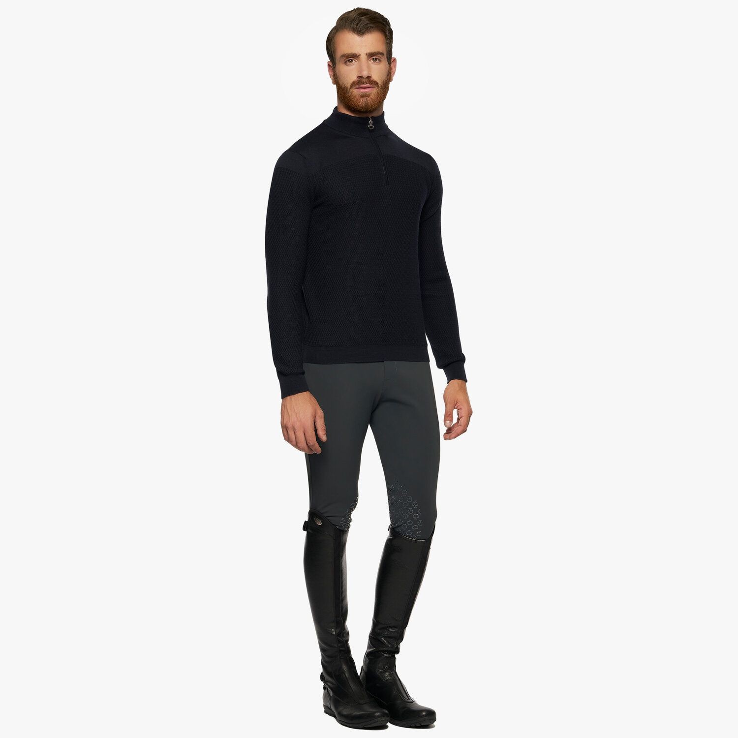 Merinos Blend Half Zip Turtleneck Honeycomb Knit Sweater Navy Blue Cavalleria Toscana Merinos Blend Half Zip Turtleneck Honeycomb Knit Sweater Navy Blue Cavalleria Toscana