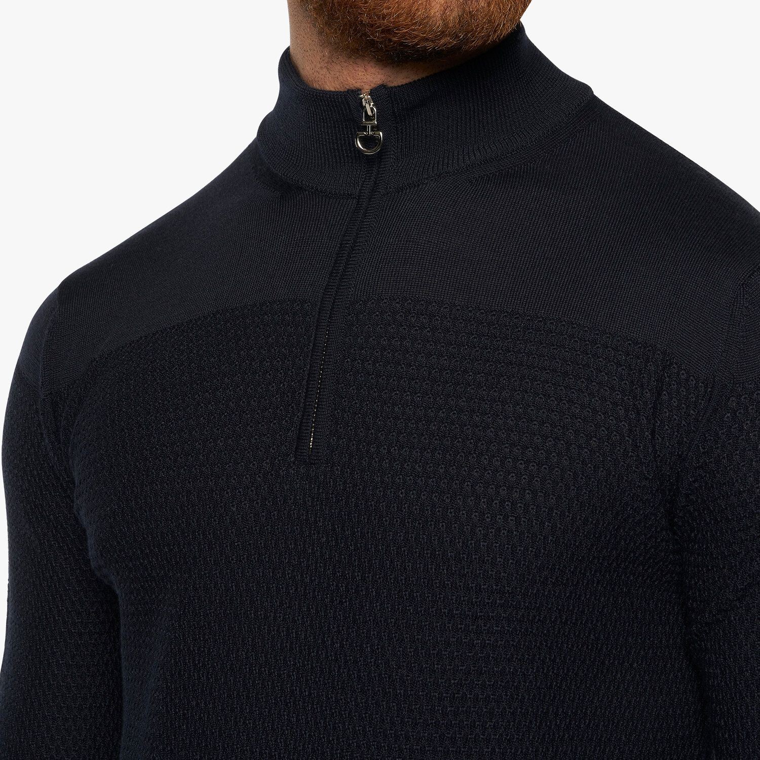 Merinos Blend Half Zip Turtleneck Honeycomb Knit Sweater Navy Blue Cavalleria Toscana Merinos Blend Half Zip Turtleneck Honeycomb Knit Sweater Navy Blue Cavalleria Toscana