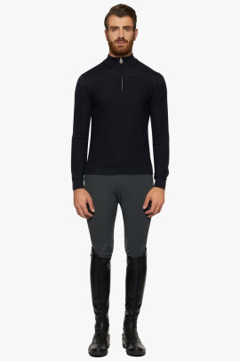 Merinos Blend Half Zip Turtleneck Honeycomb Knit Sweater Navy Blue Cavalleria Toscana Merinos Blend Half Zip Turtleneck Honeycomb Knit Sweater Navy Blue Cavalleria Toscana