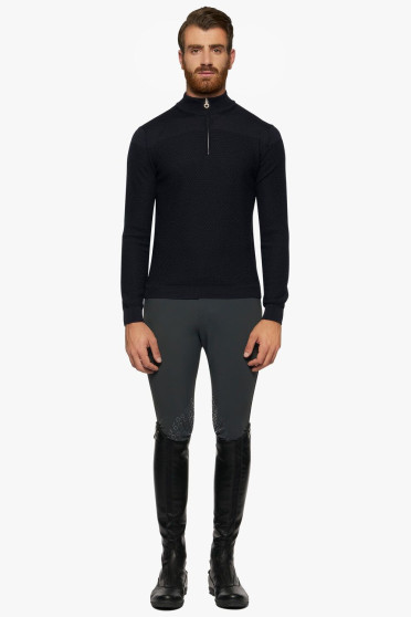 Merinos Blend Half Zip Turtleneck Honeycomb Knit Sweater Navy Blue Cavalleria Toscana Merinos Blend Half Zip Turtleneck Honeycomb Knit Sweater Navy Blue Cavalleria Toscana