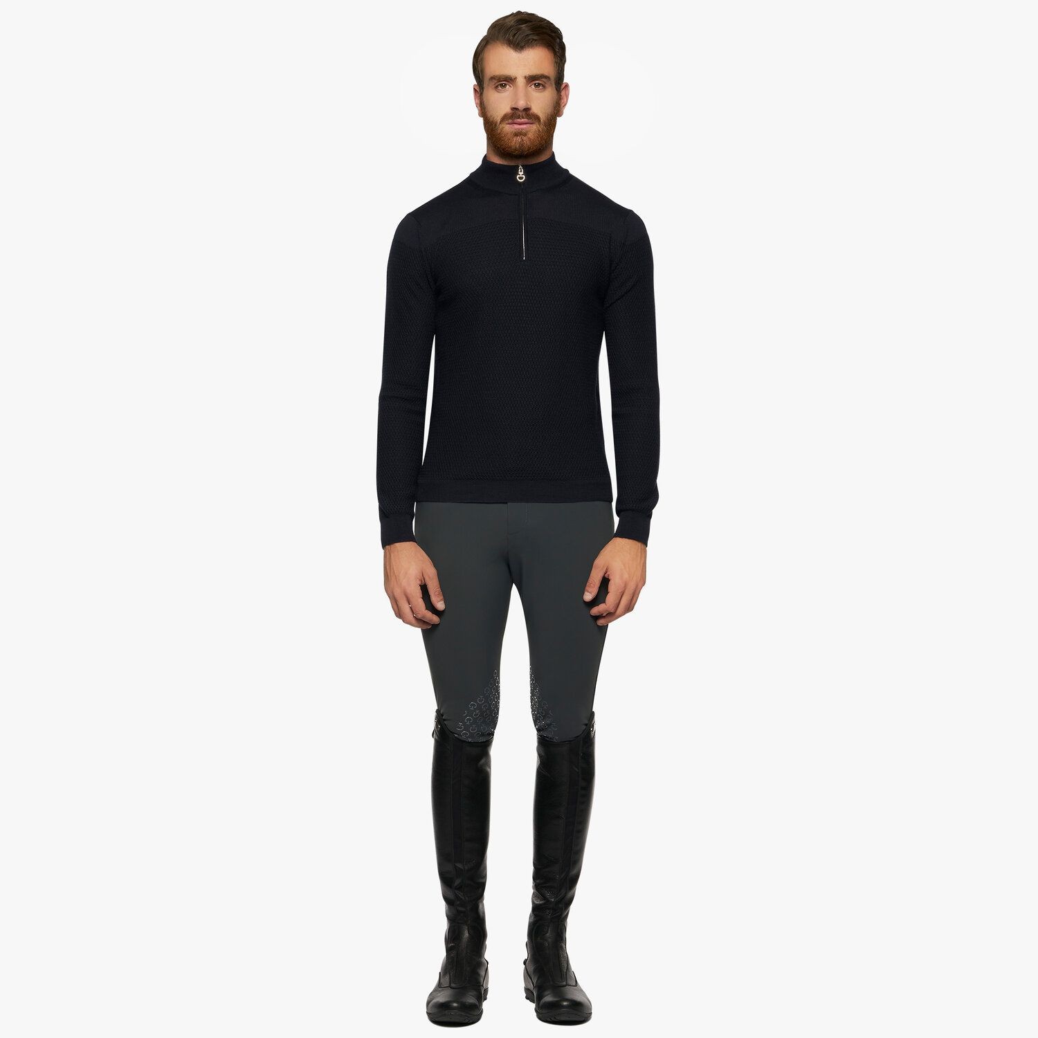 Merinos Blend Half Zip Turtleneck Honeycomb Knit Sweater Navy Blue Cavalleria Toscana Merinos Blend Half Zip Turtleneck Honeycomb Knit Sweater Navy Blue Cavalleria Toscana
