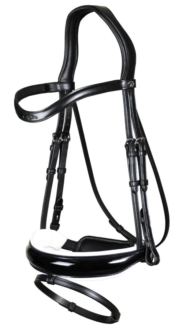 Dyon Patent Large Crank Noseband Bridle With White Padding With Flash 'Dressage Flat' Collection Dyon Patent Large Crank Noseband Bridle With White Padding With Flash 'Dressage Flat' Collection