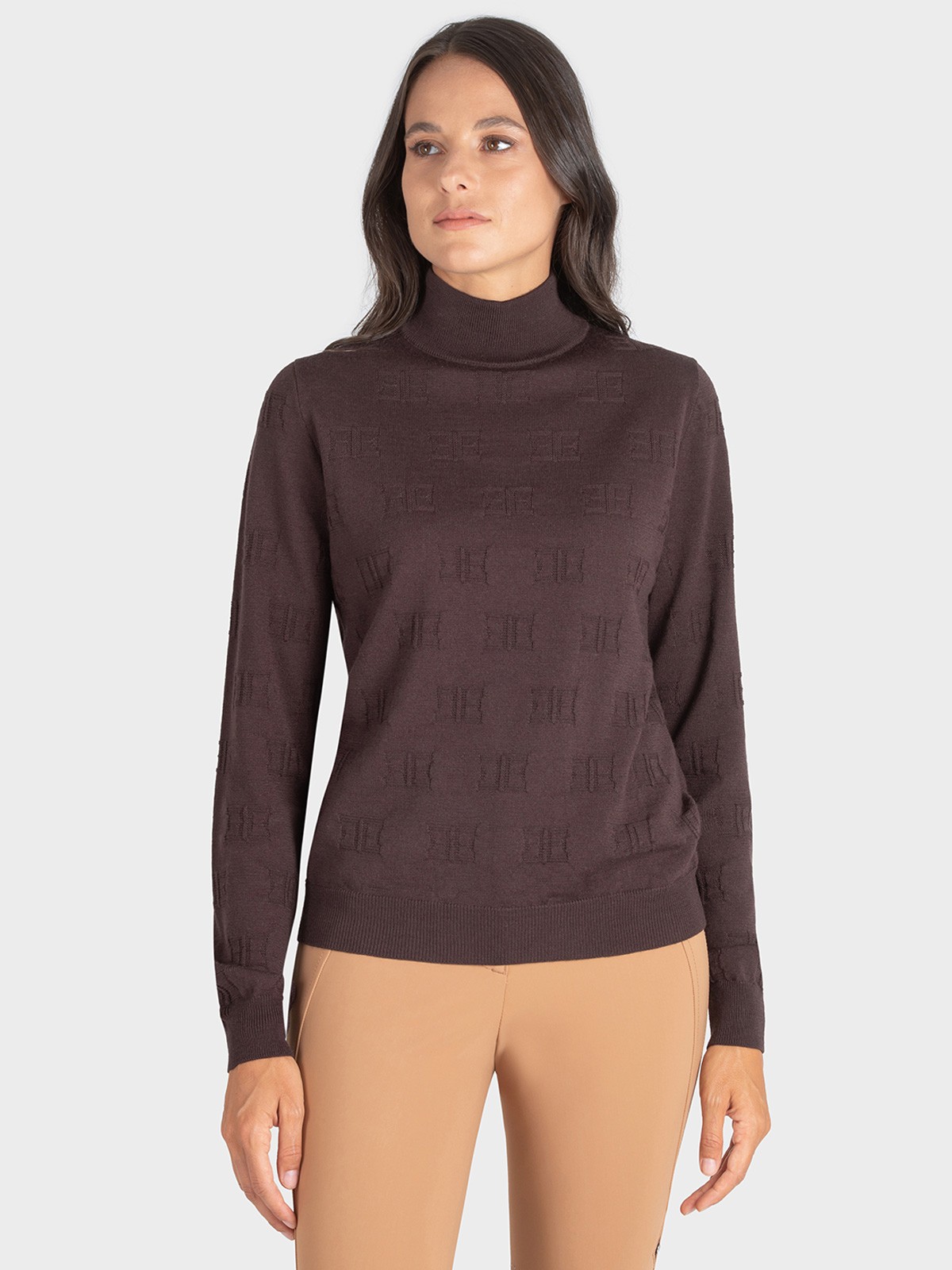 Dames coltrui Equiline - in de kleur bruin met Equiline logo op de mouw Dames coltrui Equiline - in de kleur bruin met Equiline logo op de mouw