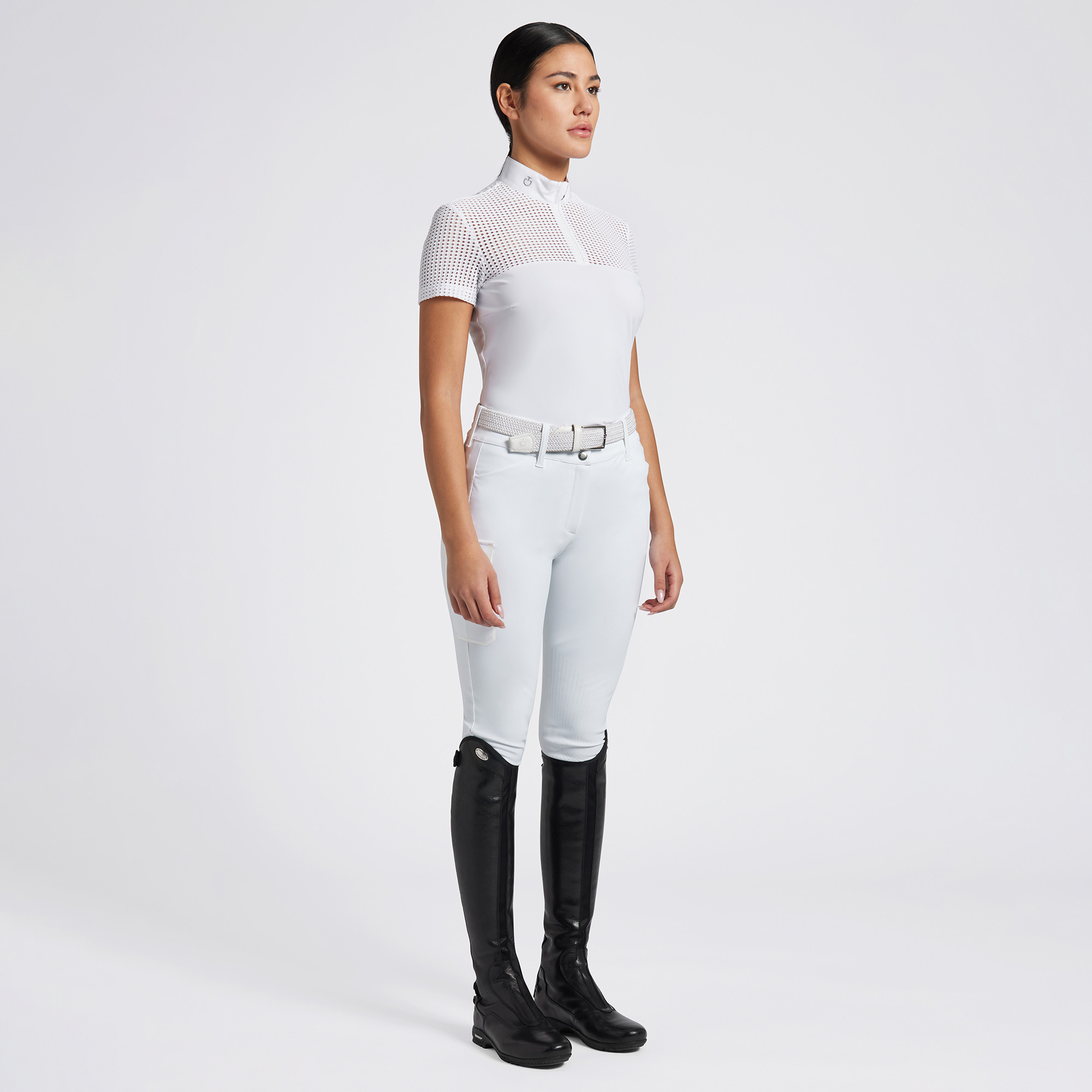 Cavalleria Toscana Dames Wedstrijdshirt S/S Perforated Jacquard Jersey Zip Wit Cavalleria Toscana Dames Wedstrijdshirt S/S Perforated Jacquard Jersey Zip Wit