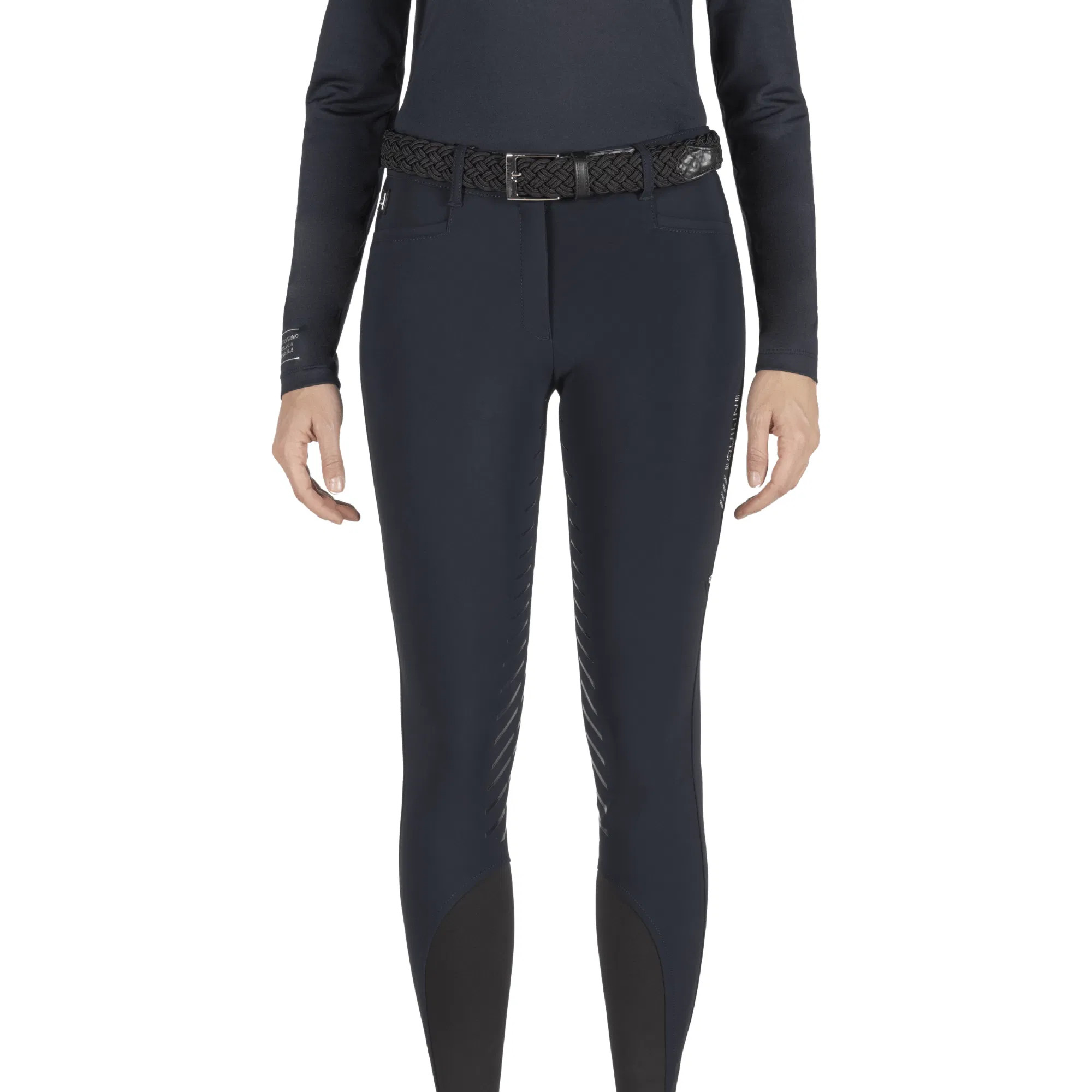 Ridershouse: Equiline Dames Rijbroek Cedar Full Grip - kleuren zwart, wit en blauw