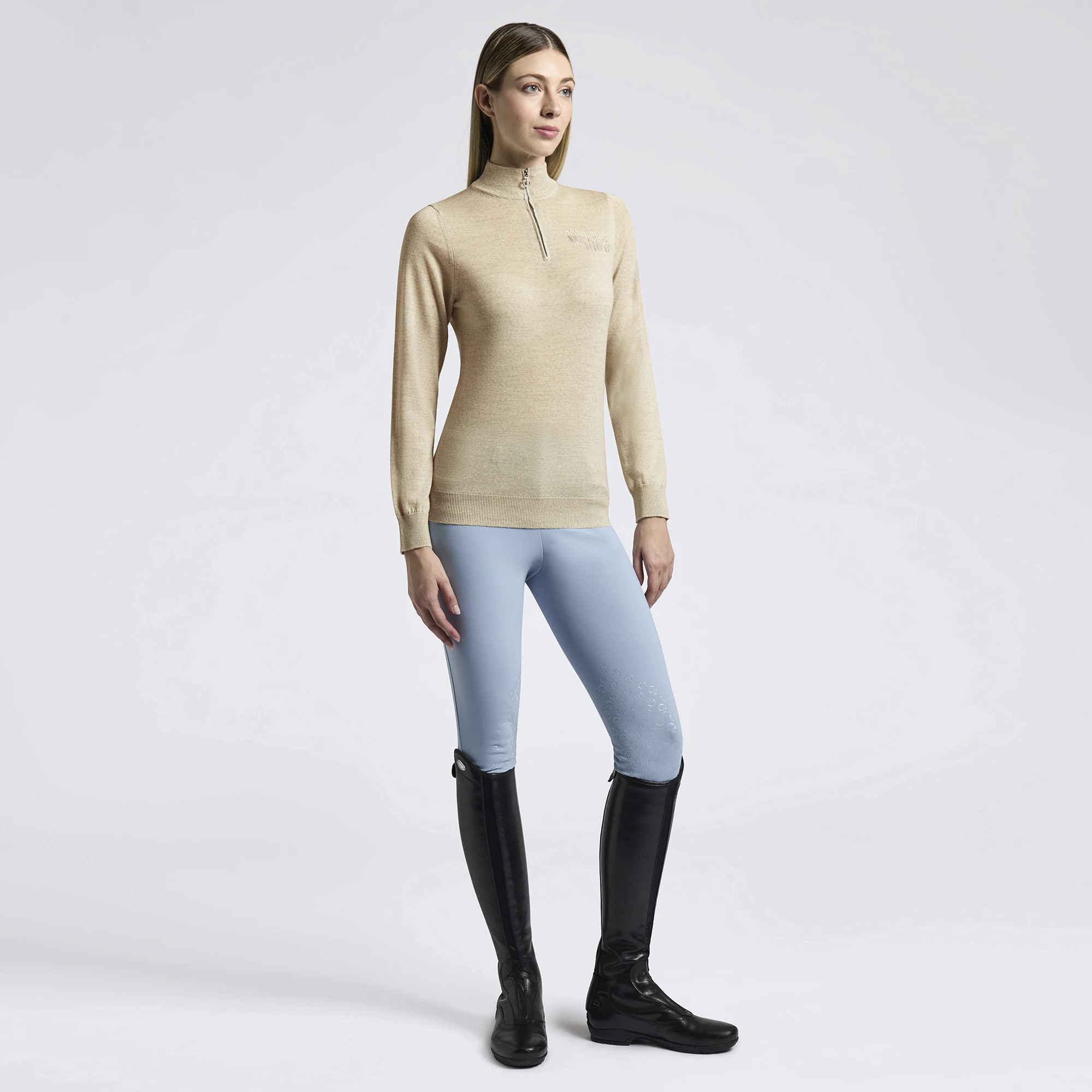 Cavalleria Toscana Dames Sweater Turtleneck Merino Half Zip - Beige