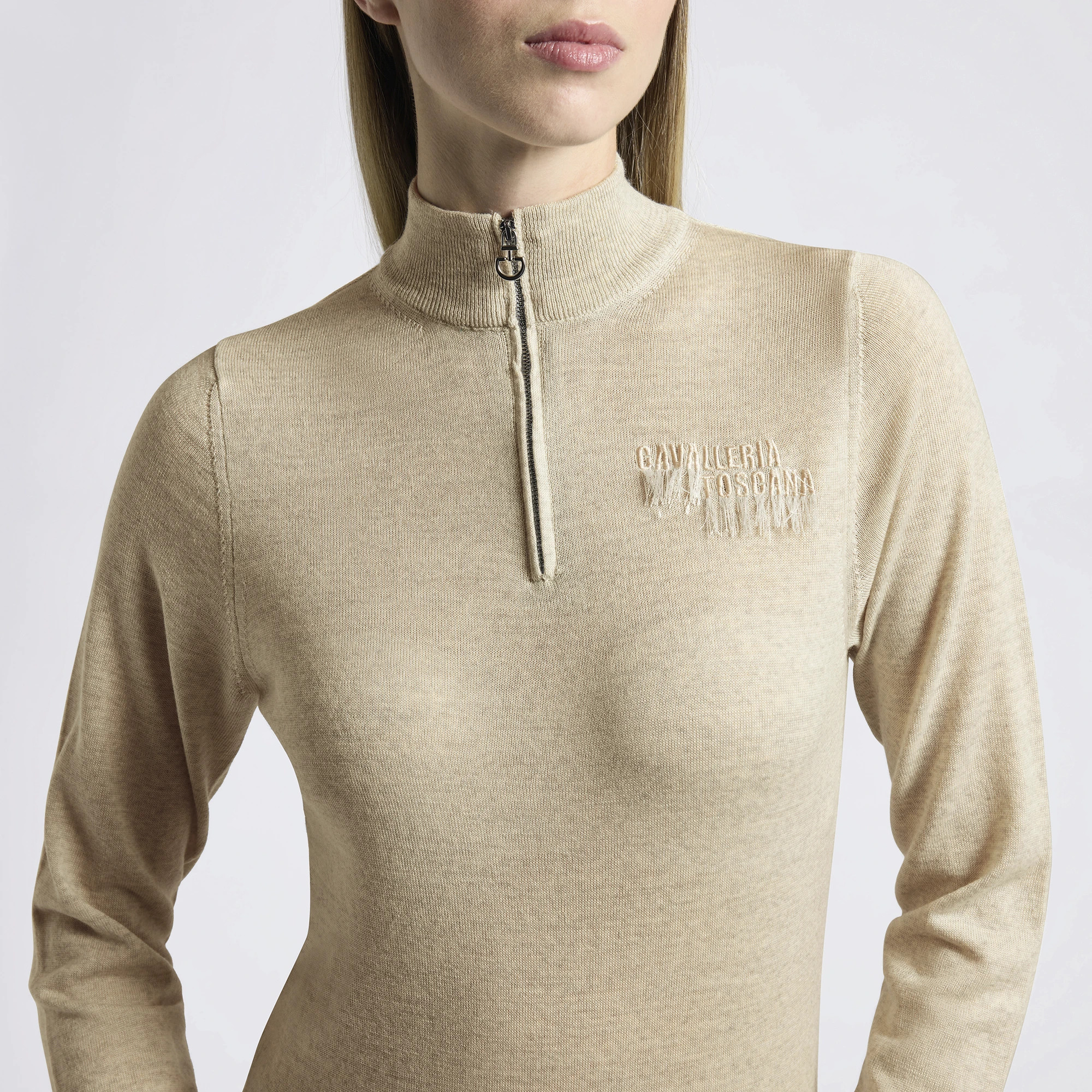 Cavalleria Toscana Dames Sweater Turtleneck Merino Half Zip - Beige