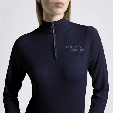 Cavalleria Toscana Dames Sweater Turtleneck Merino Half Zip - Navy
