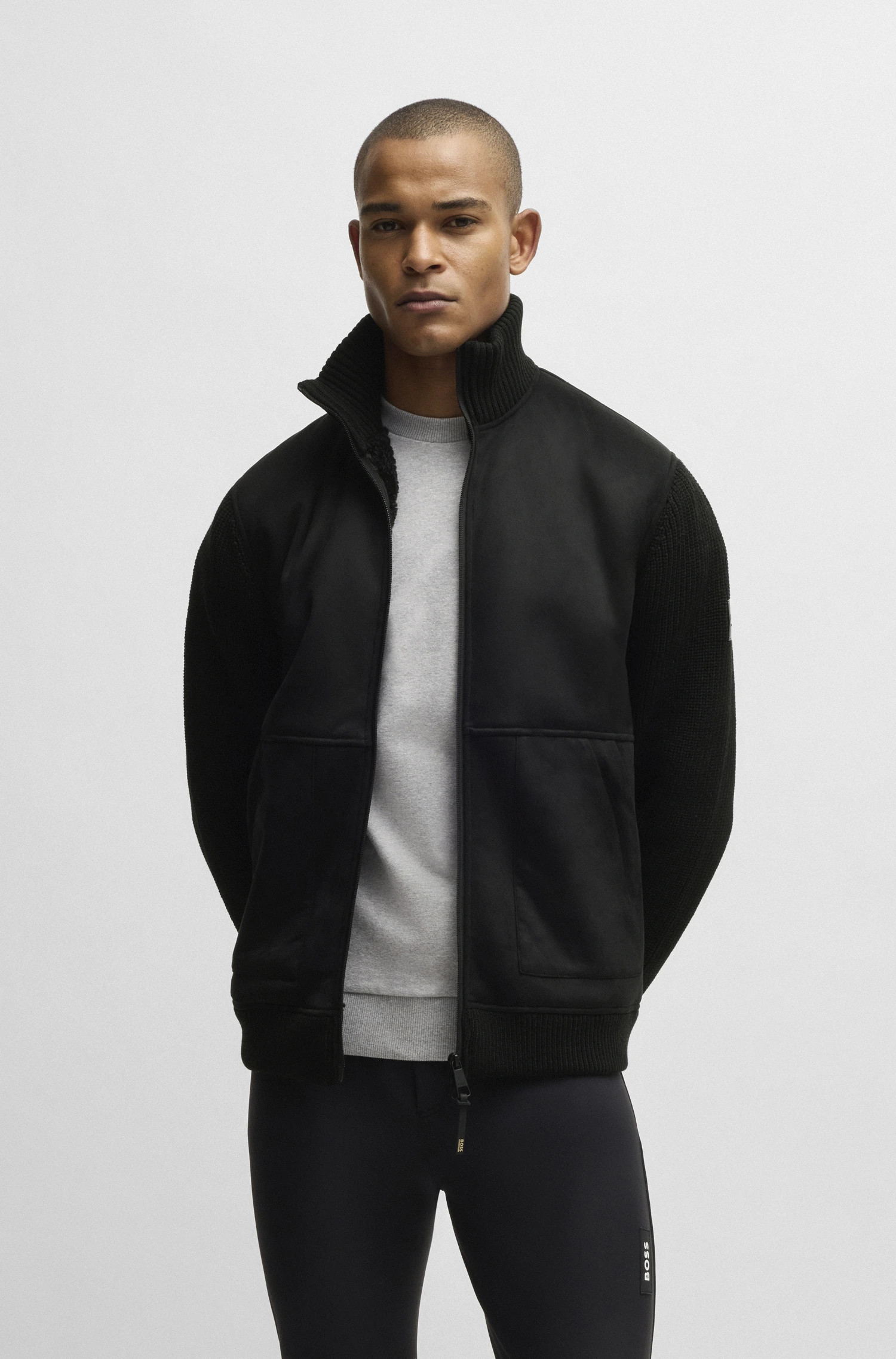 BOSS Equestrian Taylor Mannen Bomber Jas Alcantara | Zwart BOSS Equestrian Taylor Mannen Bomber Jas Alcantara | Zwart