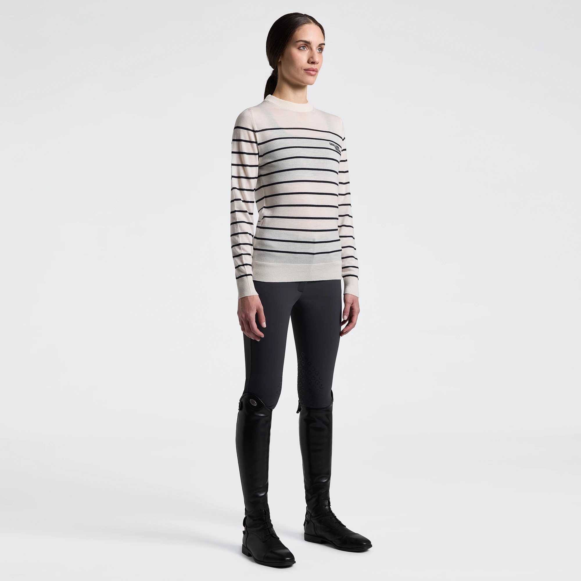 Cavalleria Toscana Stripe Jacquard Crew Neck Merino Dames Pullover | Crème - Charcoal Cavalleria Toscana Stripe Jacquard Crew Neck Merino Dames Pullover | Crème - Charcoal
