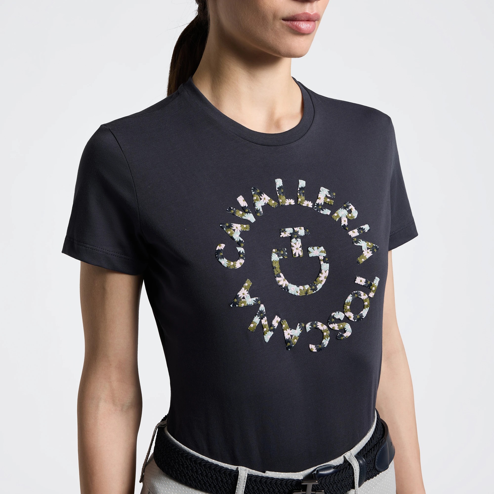 Cavalleria Toscana Floral Embroidery Dames T-Shirt | Charcoal Cavalleria Toscana Floral Embroidery Dames T-Shirt | Charcoal