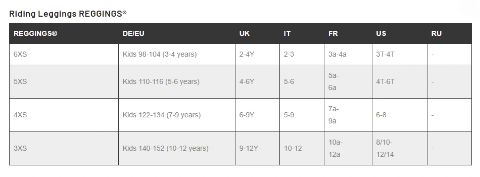 East reggings maattabel size chart kind kids