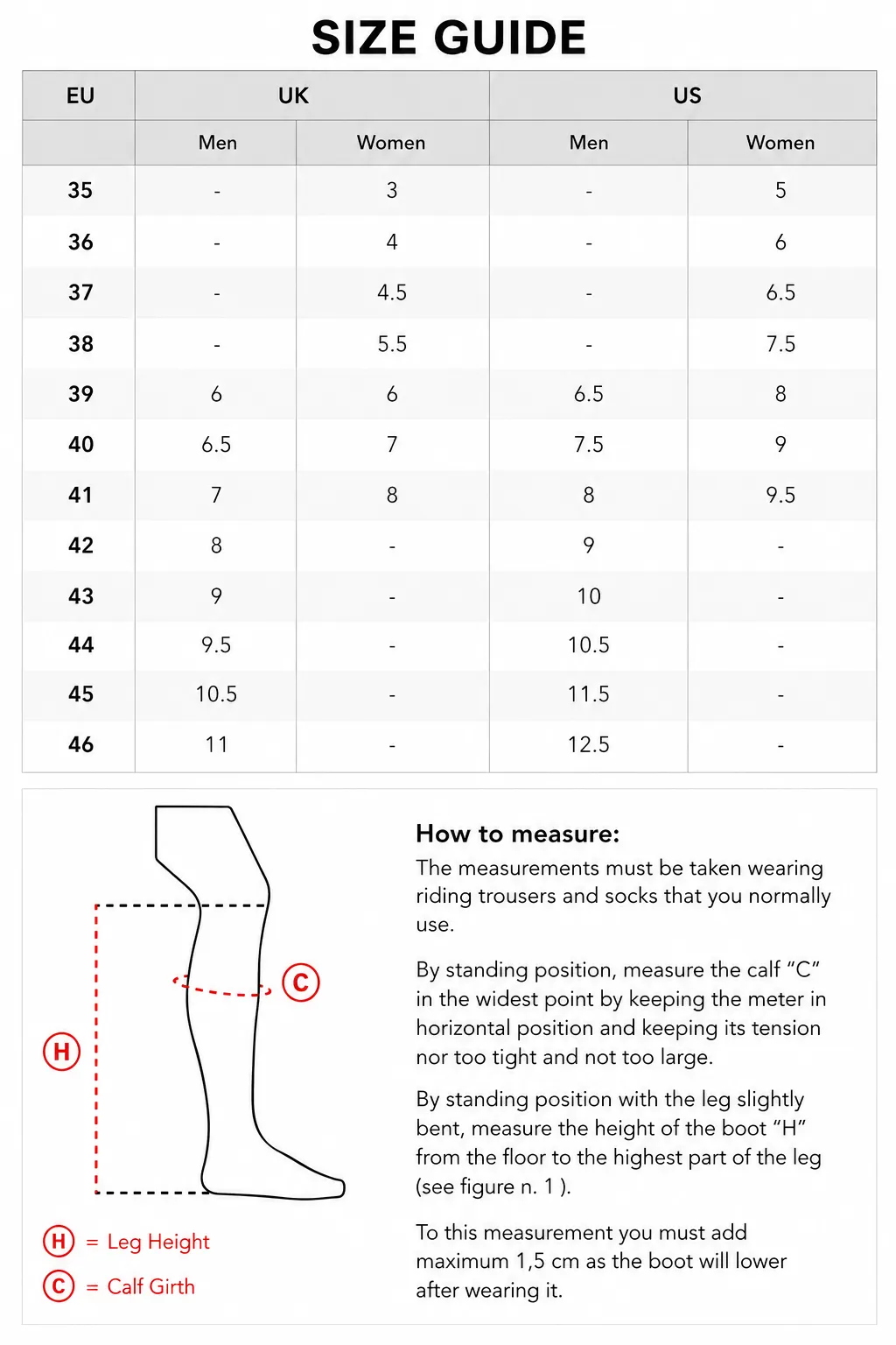 Secchiari Riding Boots Size Guide